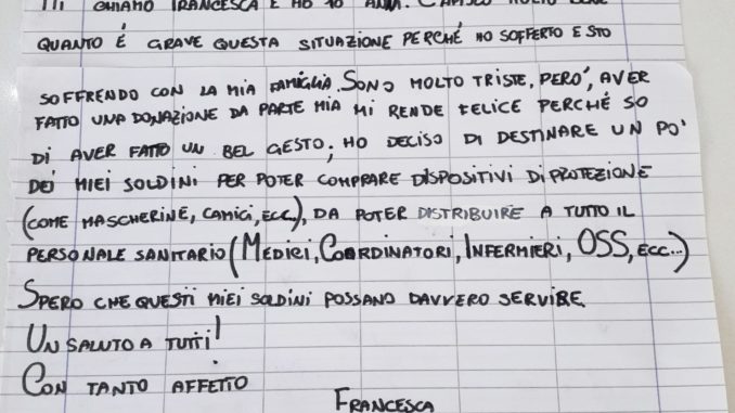 La piccola Francesca dona i suoi risparmi per comprare mascherine